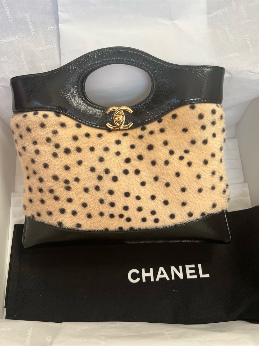 🐆 New 26A CHANEL Pony Hair Animal Print Black Mini 31 Bag Handbag Gold CC